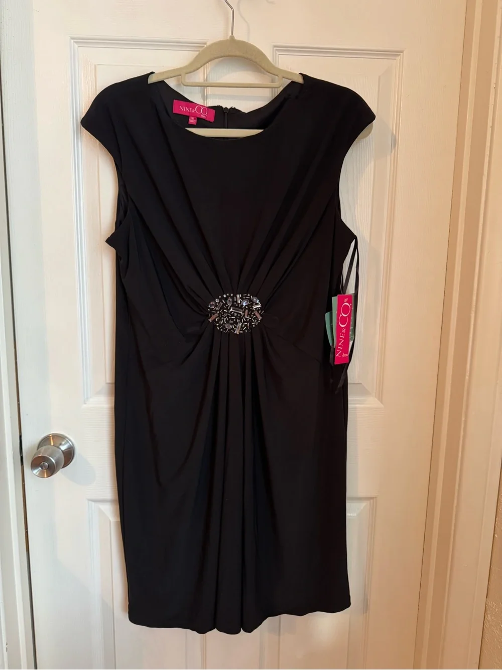 NWT Nine & Co. Black Ruched Sheath Dress with Beaded Waist Detail - Cap Sleeve - Picture 2 of 14